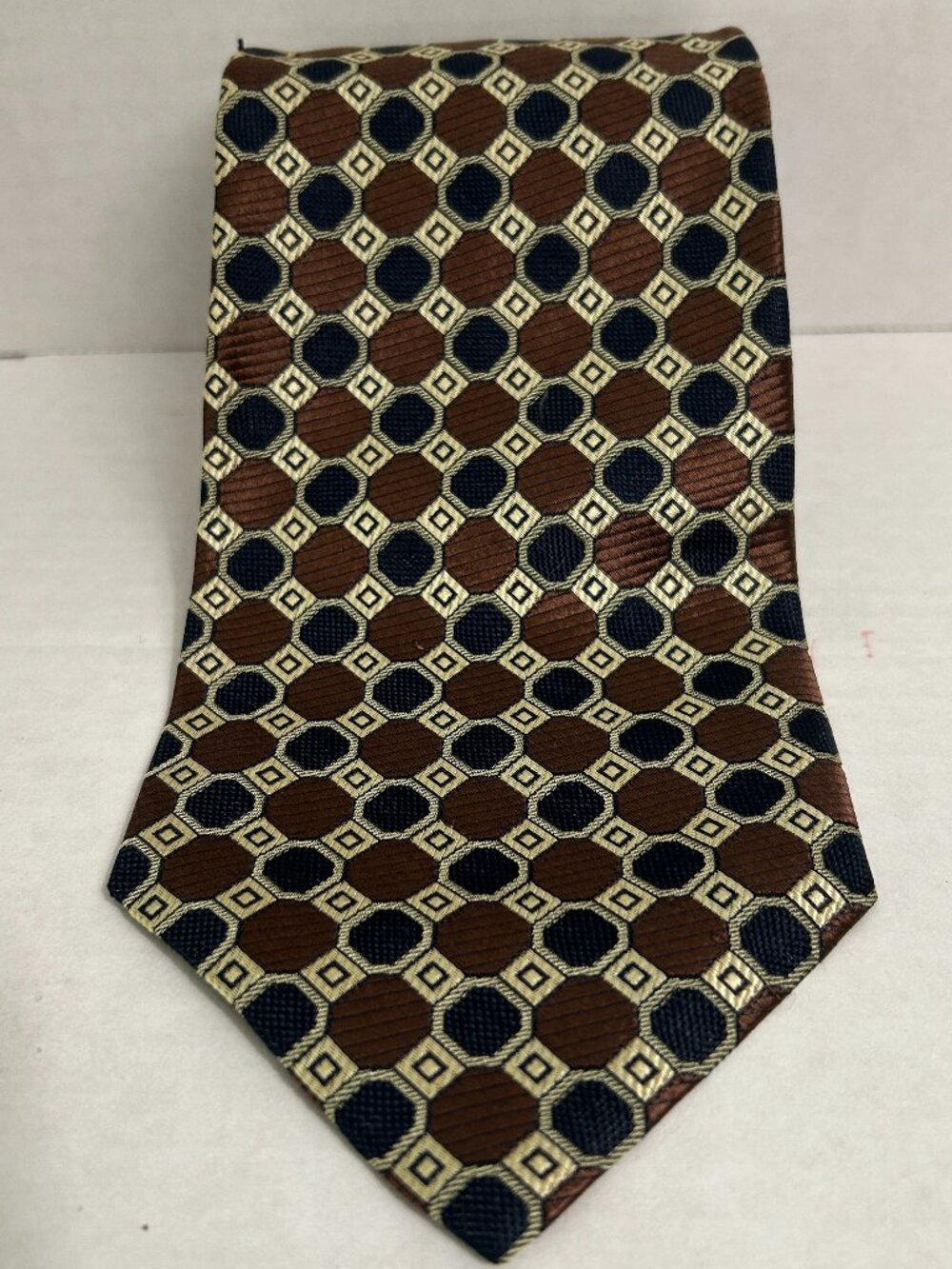 Villa Bugatti 100% Silk Men's Necktie Brown Navy Blue Geometric Pattern Designer